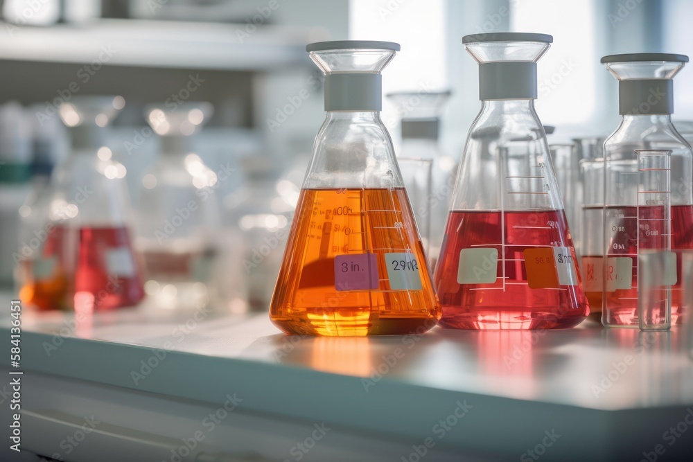 Laboratory glassware with liquid, close up view. Chemistry lab glass tubes. Generative AI Laboratory glassware with liquid, close up view. Chemistry lab glass tubes. Generative AI