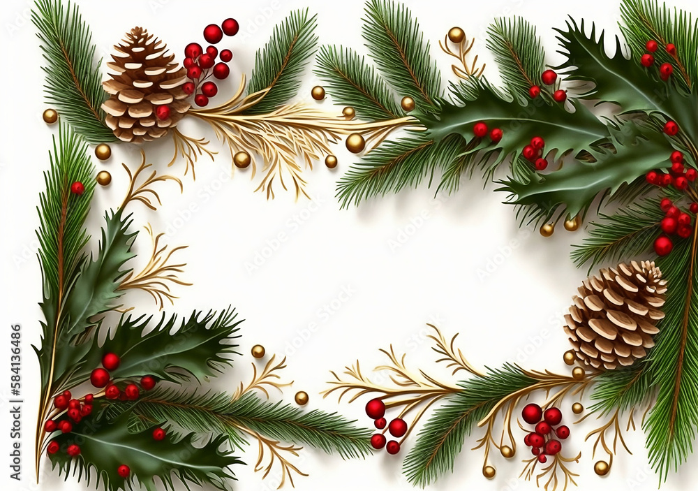 Christmas frame with fir branches and cones. Generative AI. Christmas frame with fir branches and cones. Generative AI.