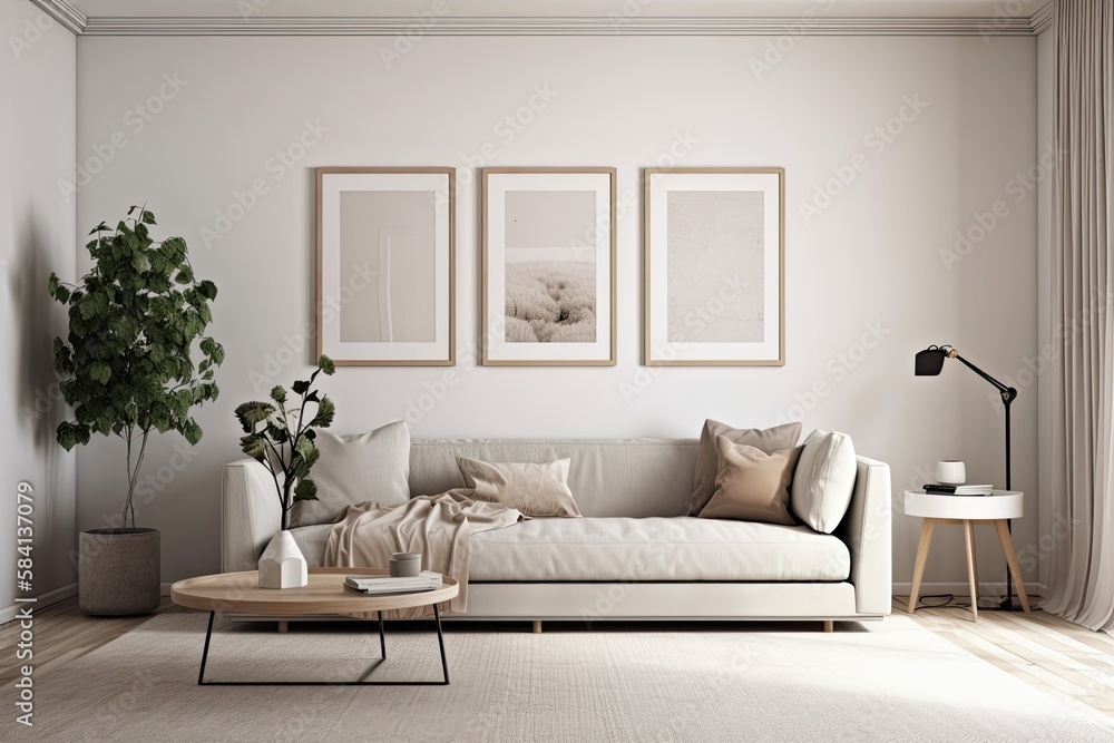 Fototapeta premium Mockup frame in farmhouse living room, beige couch on white wall,. Generative AI