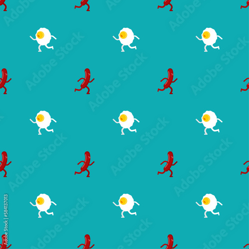 Egg and sausage pattern seamless. Fried egg and bacon background. breakfast texture © maryvalery
