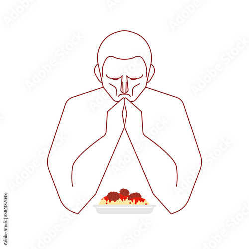 Person prays before eating. Men's prayer before dinner