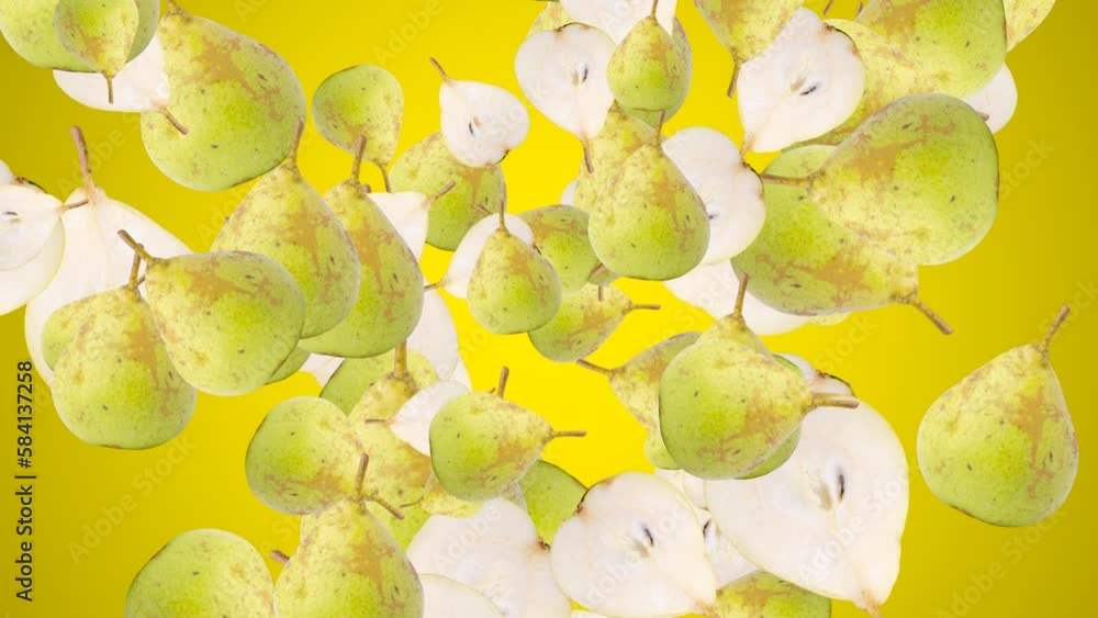 Exploding Pear Abstract explosion with half of pears flying in different directions on ...