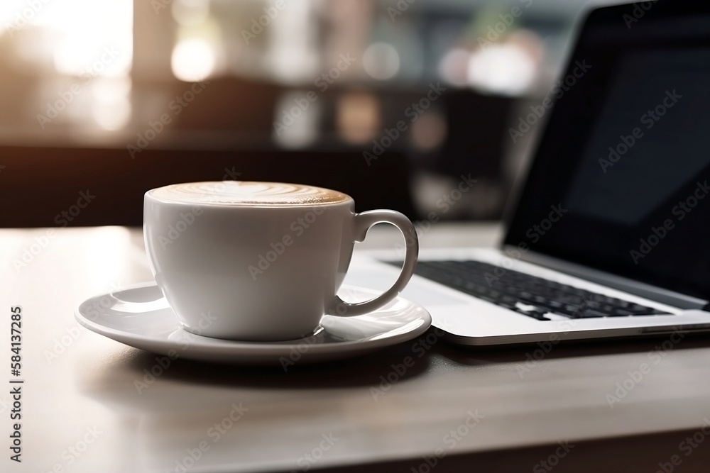 Coffee Shop Lifestyle. Laptop and Coffee Cup Close Up on Blurred Cafe Table Background 
