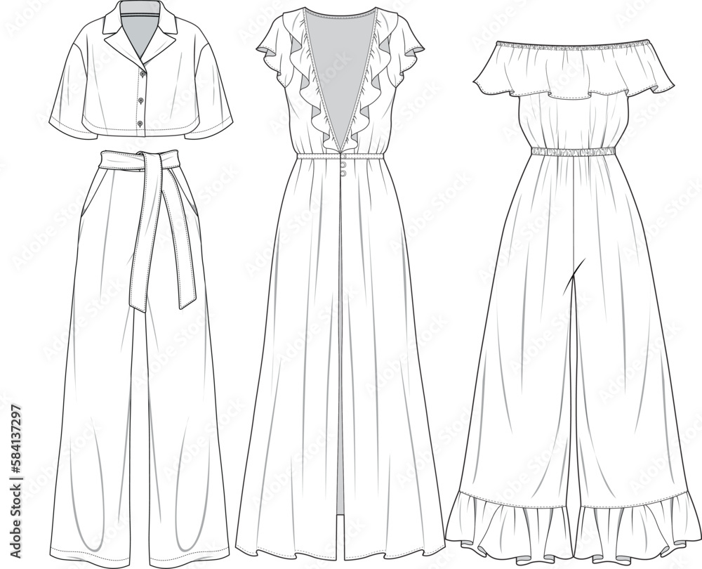 women dress ,overalls and pants top sets drawing, template of women wear