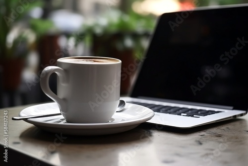 Coffee Shop Lifestyle. Laptop and Coffee Cup Close Up on Blurred Cafe Table Background 