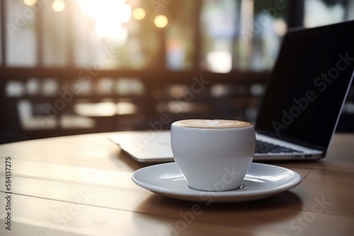 Coffee Shop Lifestyle. Laptop and Coffee Cup Close Up on Blurred Cafe Table Background 