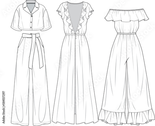 women dress ,overalls and pants top sets drawing, template of women wear