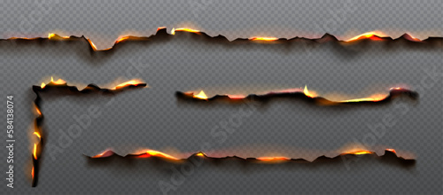 Fire on burnt paper edges. Frames with burn effect with yellow flame, black ash and scorched edges of pages or parchment sheets isolated on transparent background, vector realistic set