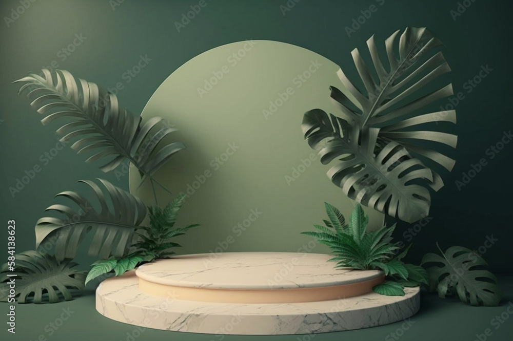 Tropical leaf display background with white marble podium. Generative AI. Tropical leaf display background with white marble podium. Generative AI.