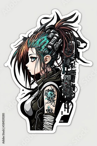 Cyberpunk anime teen girl, cyborg, android, hydraulic, face portrait, ai generated art, wall art, wallpaper frame art, sticker, cutout