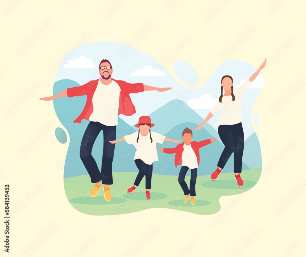 Happy family jumping in the park vector art illustration
