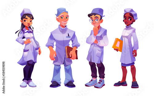 Cartoon set of medical personnel isolated on white background. Vector illustration of multiethnic male and female young and senior doctors and nurses in hospital uniform. Health care clinic services