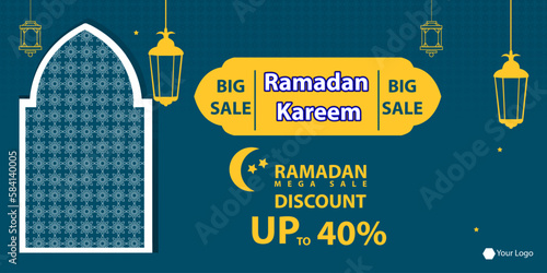 Ramadan Kareem Mega Sale Banner, Islamic Ornament Lantern, Decoration gold and modern Background with empty space for photo