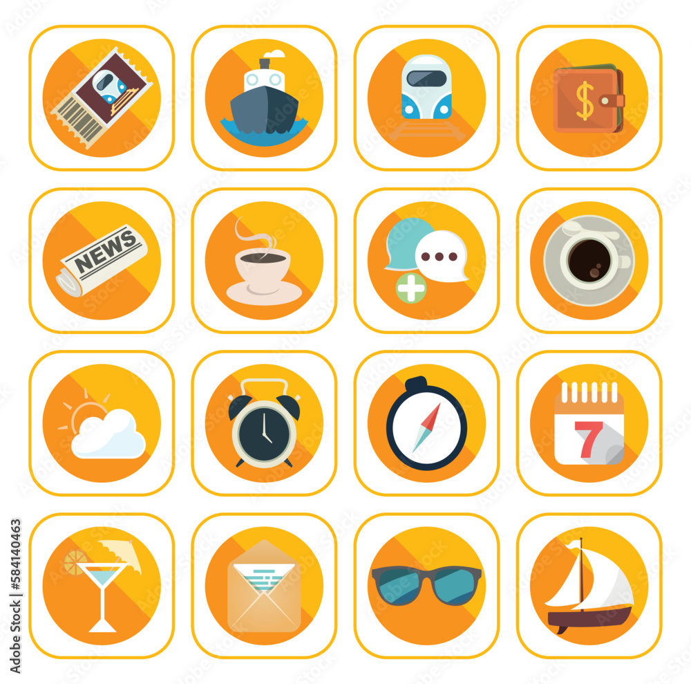 vector image set of 16 travel icons with blue background and brown border