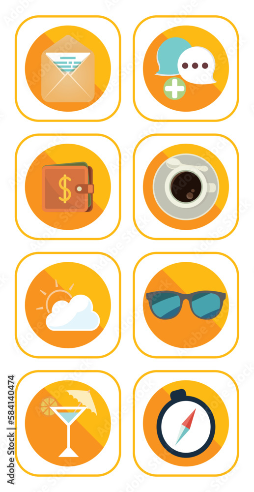 vector image set of 8 travel icons with blue background and brown border vector image set of 8 travel icons with blue background and brown border