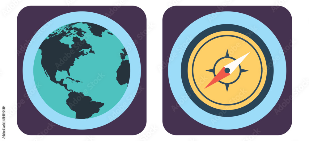 vector image set of 2 travel icons with blue background and brown border