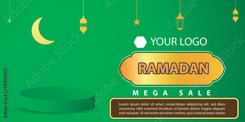 Ramadan Kareem Mega Sale Banner, Islamic Ornament Lantern, Decoration gold and modern Background with empty space for photo