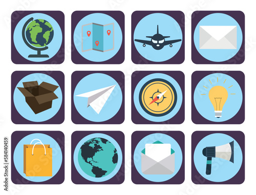 vector image set of 12 travel icons with blue background and brown border