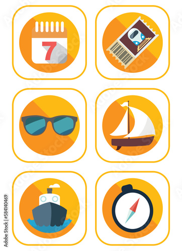 vector image set of 6 travel icons with blue background and brown border