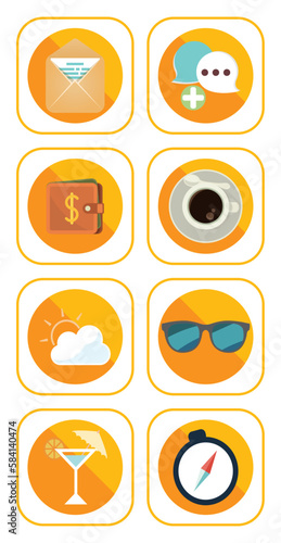 vector image set of 8 travel icons with blue background and brown border