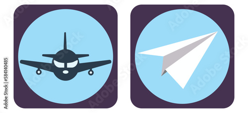 vector image set of 2 travel icons with blue background and brown border