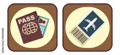 vector image set of 2 travel icons with blue background and brown border