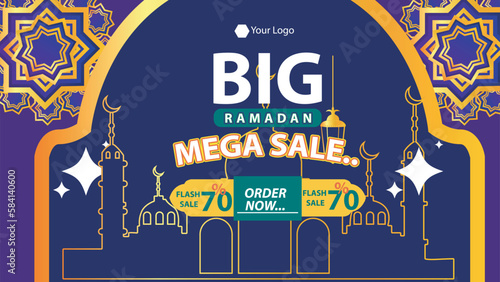Ramadan Kareem Mega Sale Banner, Islamic Ornament Lantern, Decoration gold and modern Background with empty space for photo