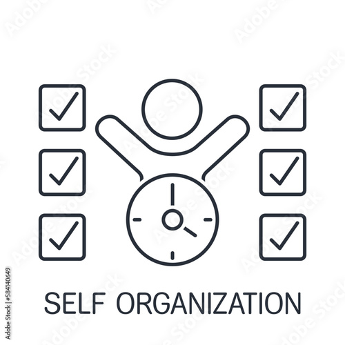 Man, time, successfully completed work. Self organization. Vector linear icon isolated on white background.