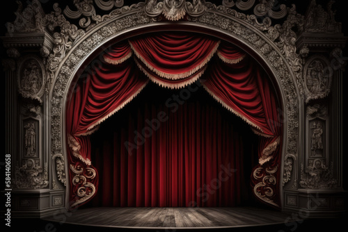 A theater stage with red curtains. Generative AI