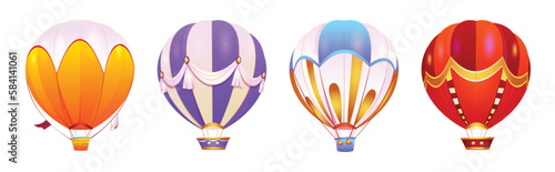 Cartoon set of hot air balloons isolated on white background. Vector illustration of colorful fantasy aerostats with baskets flying high in sky. Magic fairy tale transport. Adventure design element