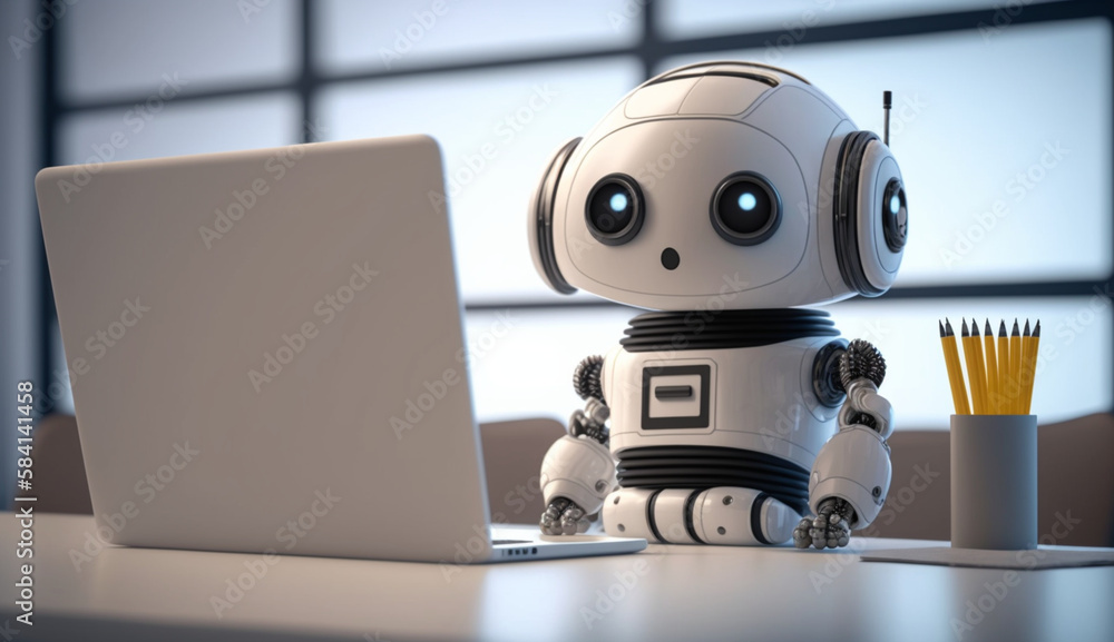 cute white artificial intelligence robot with a Laptop in the office room, office robot, working robot cute white artificial intelligence robot with a Laptop in the office room, office robot, working robot
