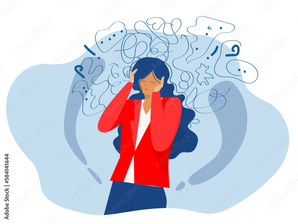 Obraz premium woman suffers from obsessive thoughts, headache, unresolved issues, psychological trauma, depression.Mental stress panic mind disorder illustration Flat vector illustration.