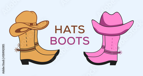 Cowboy and Cowgirl Boots with Hat Vector in Pink and Brown Colors. photo