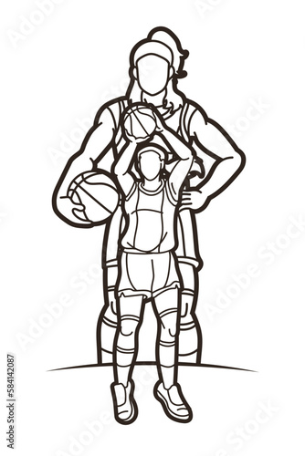 Group of Basketball Women Players Action Cartoon Sport Team Graphic Vector