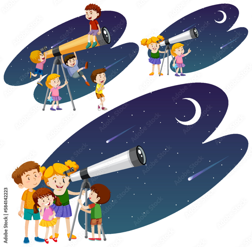 Fototapeta premium Playful Children Using Telescopes Vector Collection