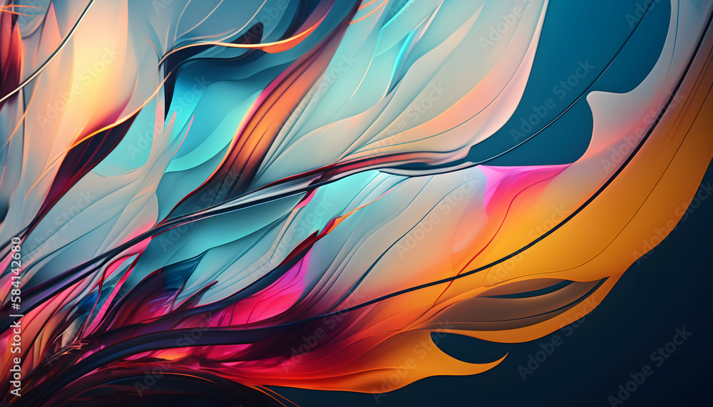 An abstract composition evoking the fluidity and grace of feathers, with layered shapes unfolding in a spectrum of cool and warm tones An abstract composition evoking the fluidity and grace of feathers, with layered shapes unfolding in a spectrum of cool and warm tones