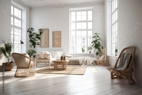 Scandi Boho white decor, parquet floors. Generative AI © AkuAku