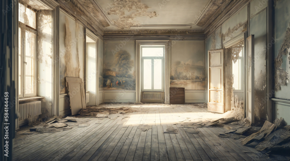 Beautiful old abandoned large room in a manor house, with large classic wooden windows and beautiful elegant architecture and old paintings on walls, Generative AI Beautiful old abandoned large room in a manor house, with large classic wooden windows and beautiful elegant architecture and old paintings on walls, Generative AI
