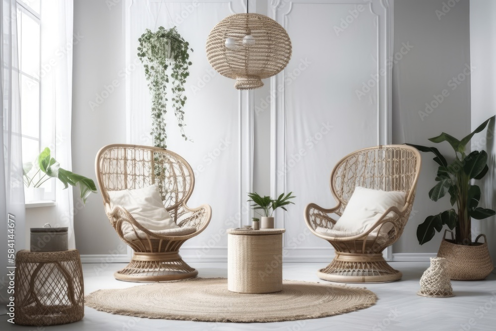 Living room decor with wicker chairs and flower, white wall mockup backdrop,. Generative AI