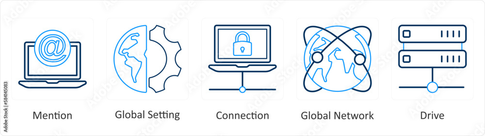 A set of 5 mix icons as mention, global setting, connection A set of 5 mix icons as mention, global setting, connection