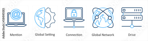A set of 5 mix icons as mention, global setting, connection