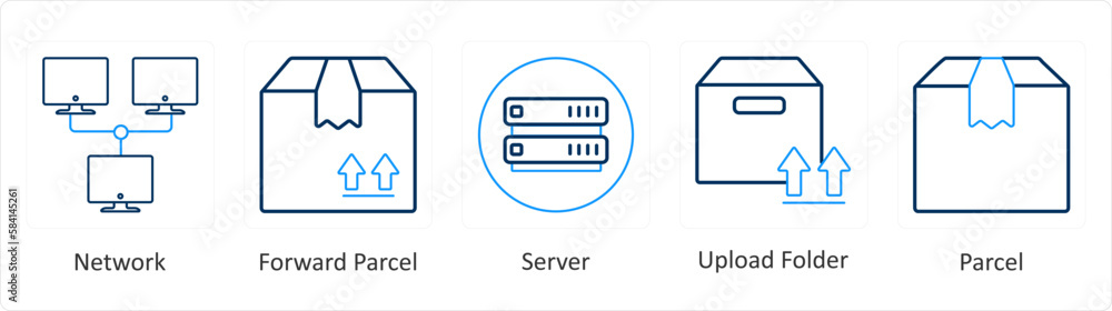 A set of 5 mix icons as network, forward parcel, server A set of 5 mix icons as network, forward parcel, server