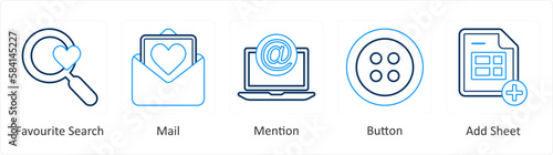 A set of 5 mix icons as favorite search, mail, mention