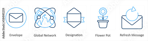 A set of 5 mix icons as envelope, global network, designation