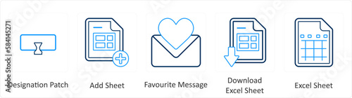 A set of 5 mix icons as designation patch, add sheet, favorite message