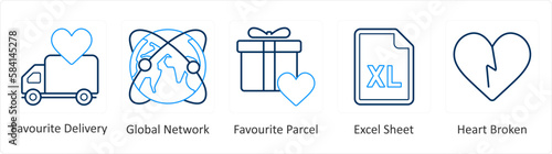A set of 5 mix icons as favorite delivery, global network, favorite parcel