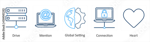 A set of 5 mix icons as drive, mention, global setting, connection