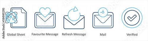 A set of 5 mix icons as global sheet, favorite message, refresh message