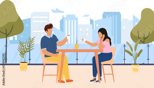 Couple people on love romance dating in outdoor cafe. Female and male cartoon characters sitting at table
