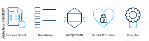 A set of 5 mix icons as remove sheet, nav menu, designation